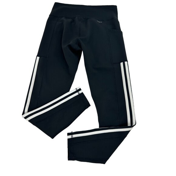 Adidas Women Cropped Leggings Climalite Black White Stripes Logo Pocket Workout - Picture 2 of 12